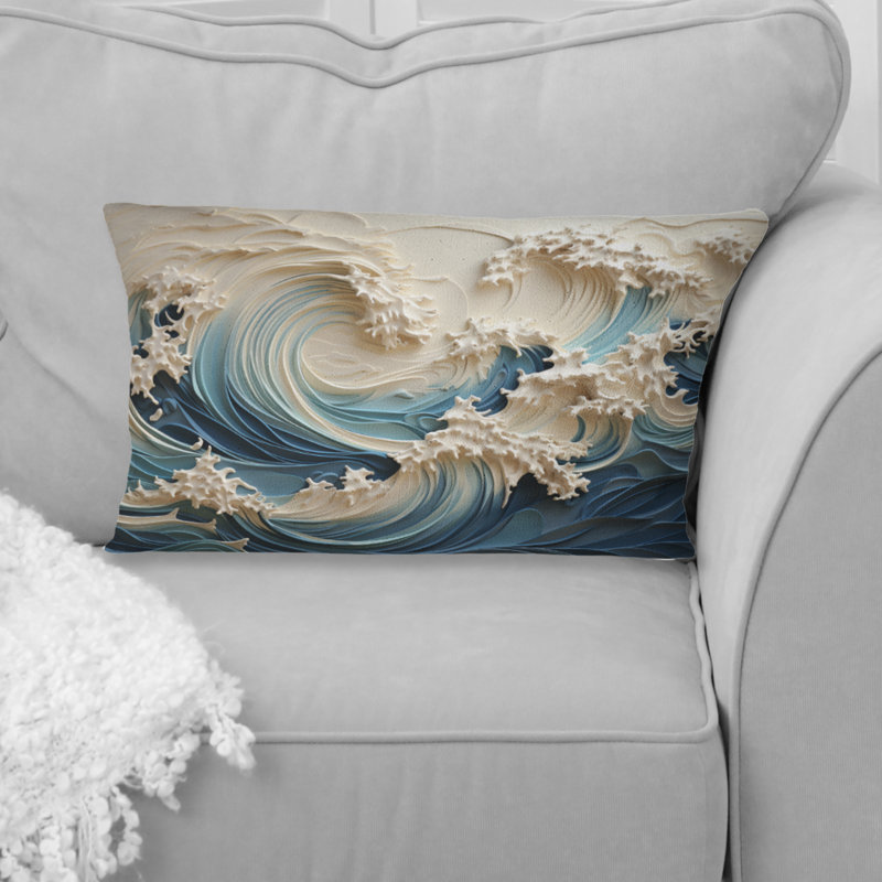 Coussin blanc et bleu à motif de vagues de style Papercut III
