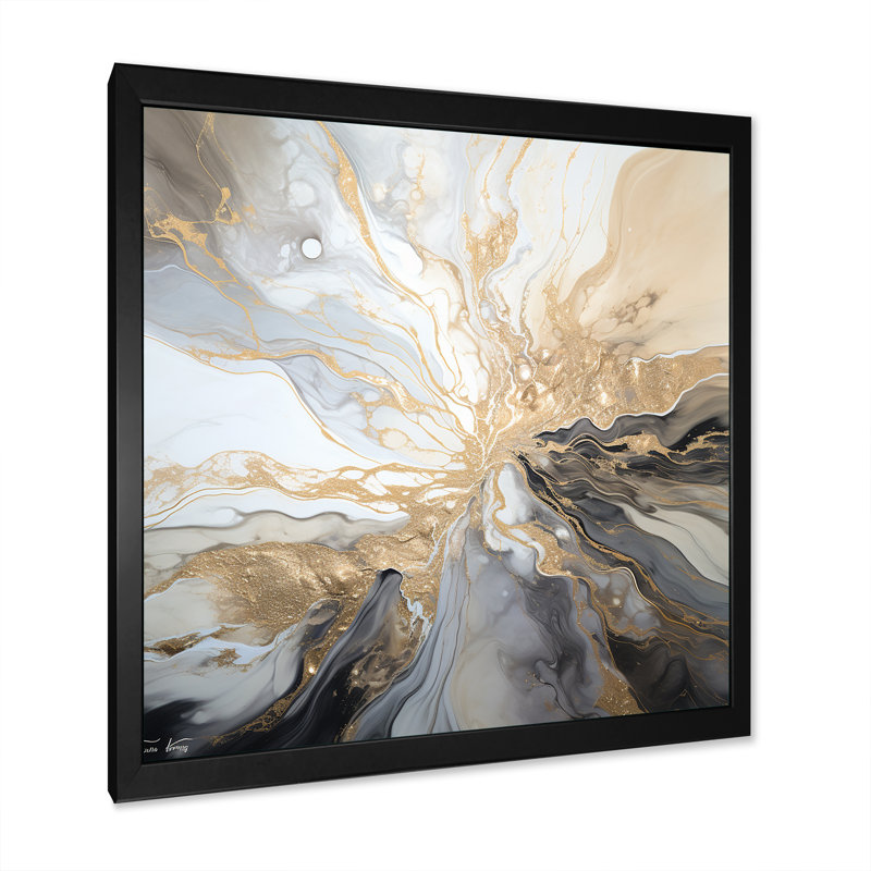 Explosion d'art liquide beige et noir, H 36 po x l 36 po x P 1,5 po, Cadre simple noir