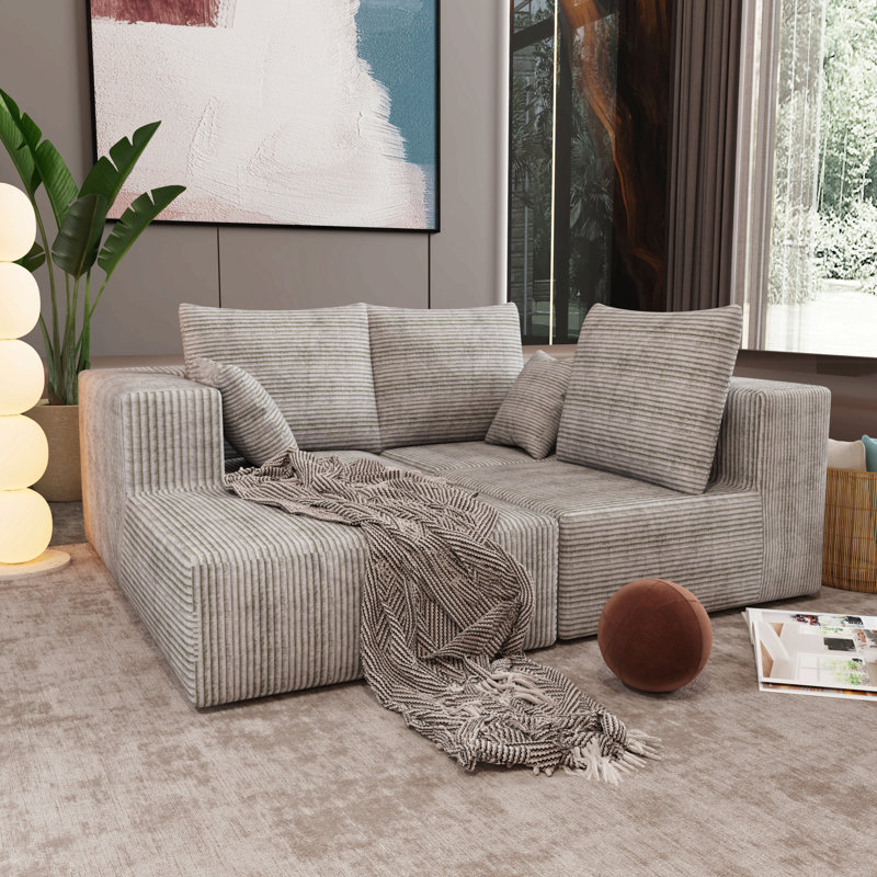 Canapé-lit modulaire rembourré avec accoudoirs larges Nahomie Boneless, Lin beige, Orienté à gauche (vu de face)