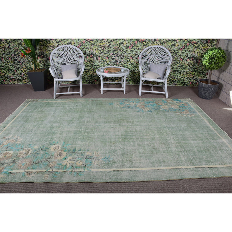 Surdimensionné tapis turc Oushak rétro vert vif avec motif floral idéal pour les espaces de vie