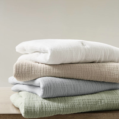 Sage 3 Full/Queen Cotton Gauze Quilt , Natural , All Season Warmth, Embroidered Tacking, Matching Shams Sage, Soft And Skin- Comfort,