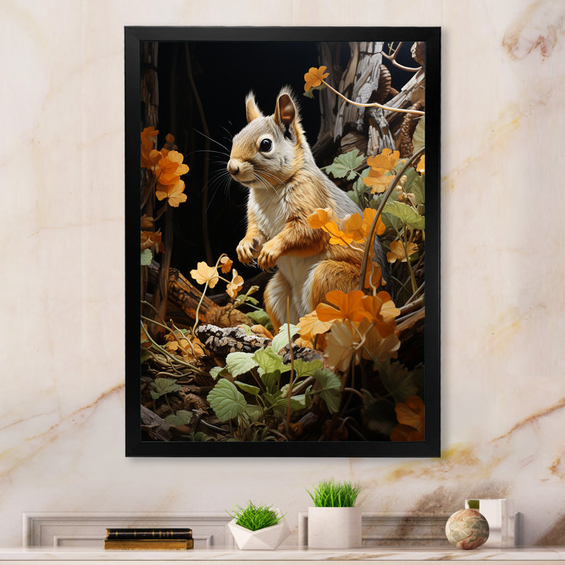 " Brown Squirrel Squirrels Antics Pastoral ", 32" H x 24" W x 1" D, Black Picture Framed