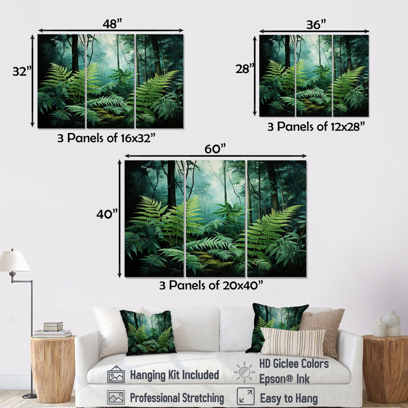 Emerald Green Ferns Forest VI - Ensemble d'art mural sur toile Plants, Toile tendue, H 32 po x l 48 po x P 1 po
