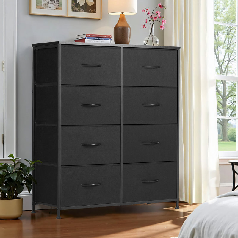 Wassil 8 Drawer 31.5''W Double Fabric Dresser With Wood Grain Prints, Black