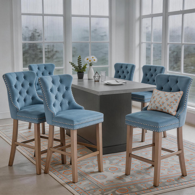 Modern Velvet Upholstered Counter Height Bar Stools (Set of 6), Light Blue