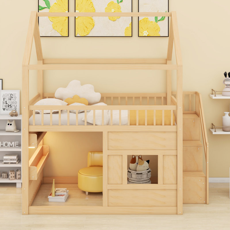 Structure de lit pour enfants en bois avec tablette DEL intégrée, Blanc