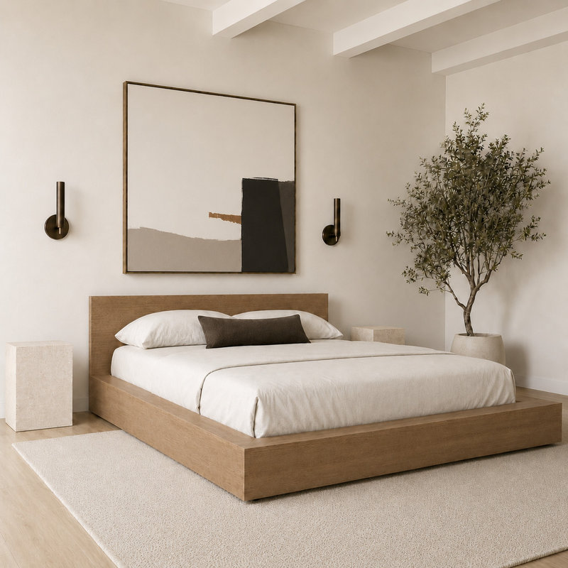 Ensemble de lit plateforme bas Makoa, Brun, Grand lit
