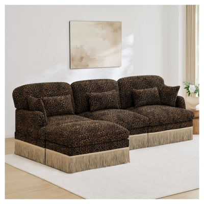Canapé modulaire en L 100 po en chenille de 100 po avec imprimé léopard et garniture de pampille, siège profond modulaire pour le salon