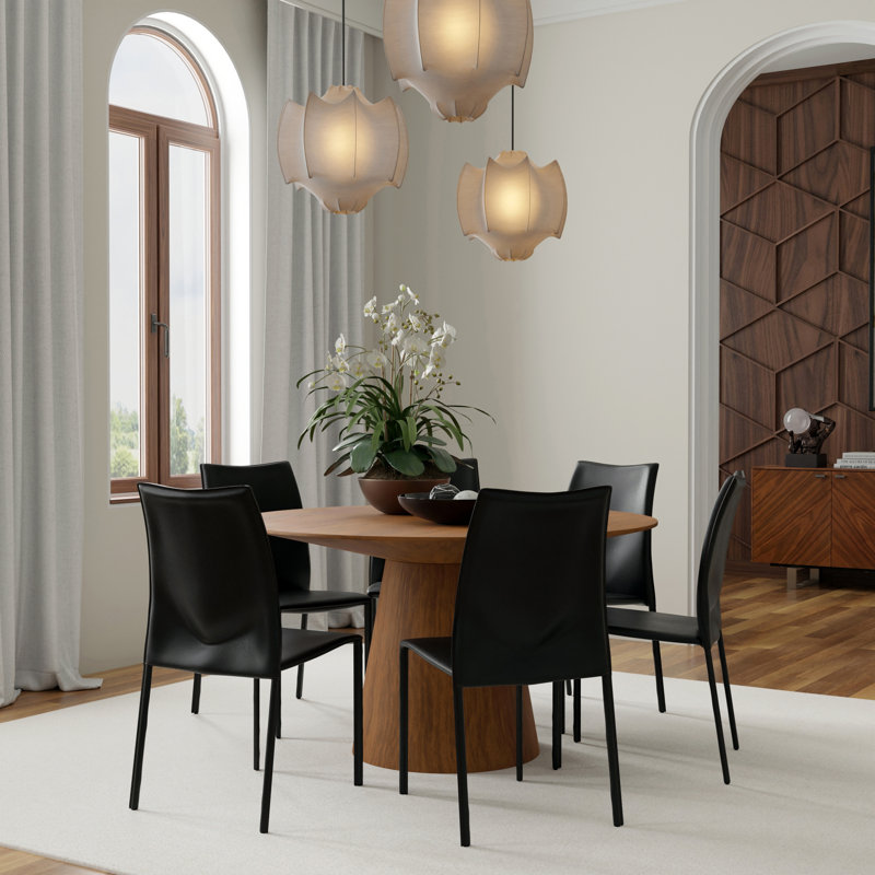 Chrystalyn 53" Dining Table In Walnut And 6 Sokol Stacking Chairs In Black