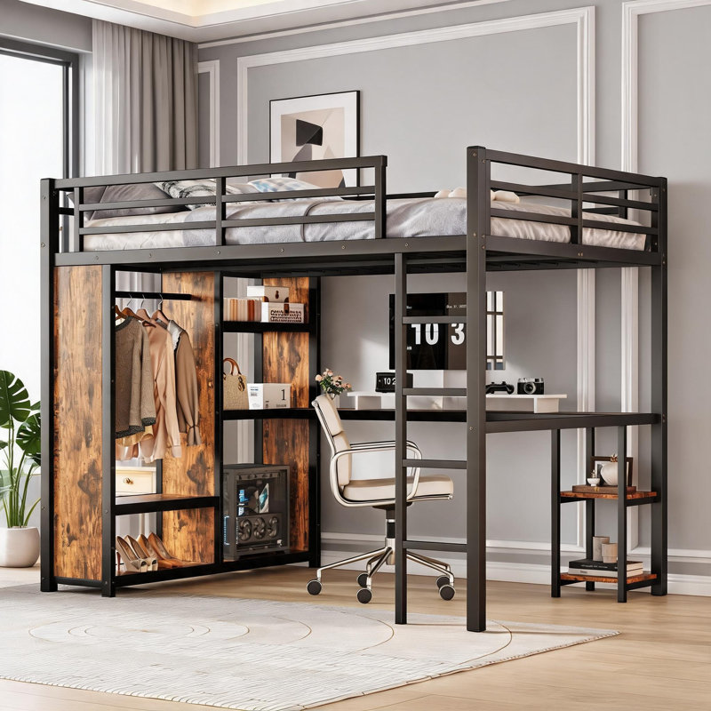 Structure de lit mezzanine multifonctionnelle grand format avec bureau intégré, garde-robe et tablettes de rangement, panneau de fibres à densité moyenne et fabrication en métal