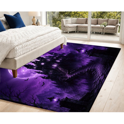 Tapis Spooky Halloween Castle, motif de chauve-souris pleine lune, tapis antidérapant de style rétro de style gothique, décoration intérieure pour salon, chambre à coucher, entrée, cuisine, balcon, appartement