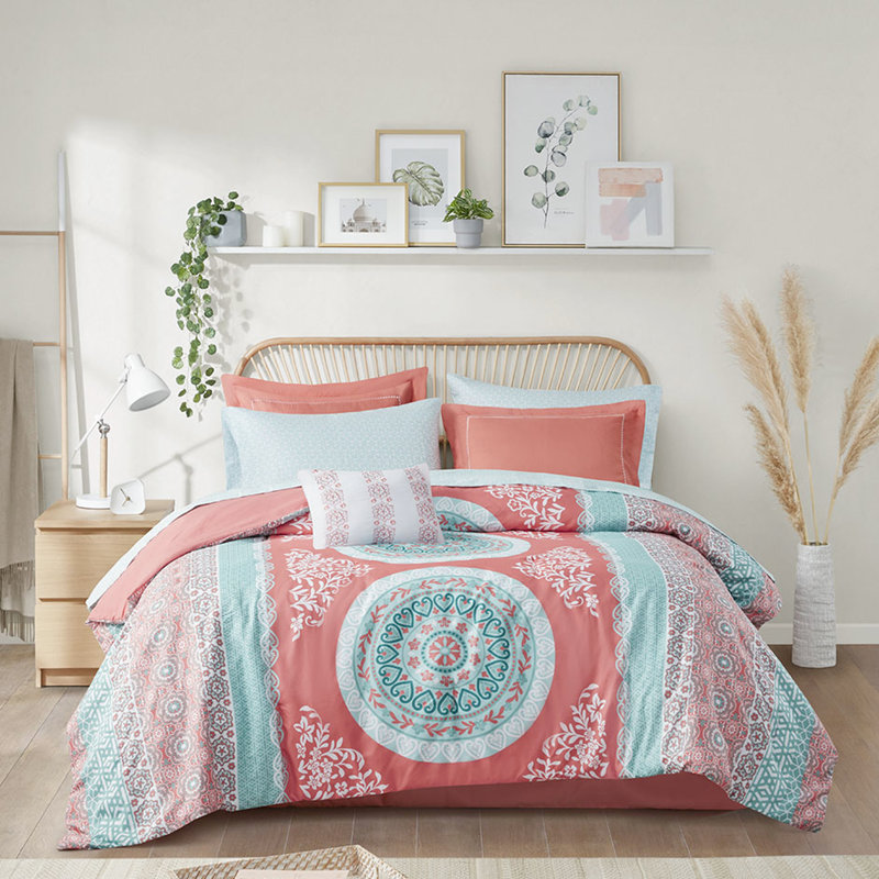 Collection de literie pour lit simple TG avec édredon - imprimé médaillon corail, rembourrage, imprimé corail, microfibre douce, bordure brodée, drap-housse