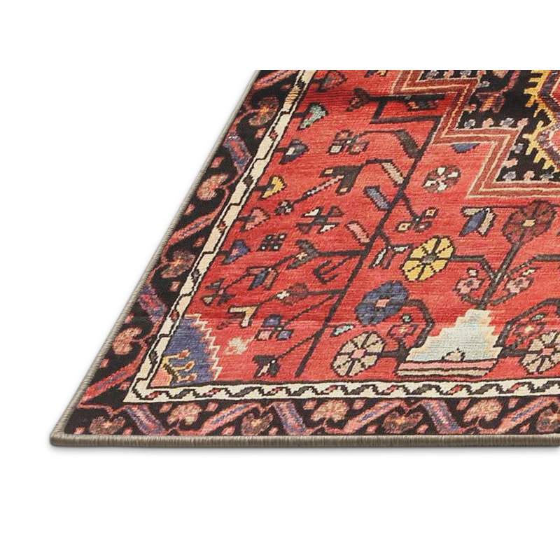 Tapis traditionnel rouge / noir Loc, Rectangle 5 pi x 7 pi