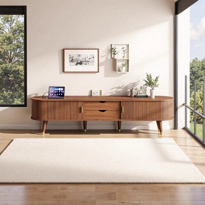 Mid-Century Wooden TV Stand with Charging Station, 74.8" Oval Fluted Media Console with Sliding Tambour Doors & Golden Handles, Walnut Farmhouse TV Ca by Mercer41