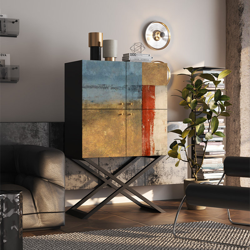 Armoire de rangement à quatre portes avec plateau en bois de noyer, Noir, noir, noir, noir