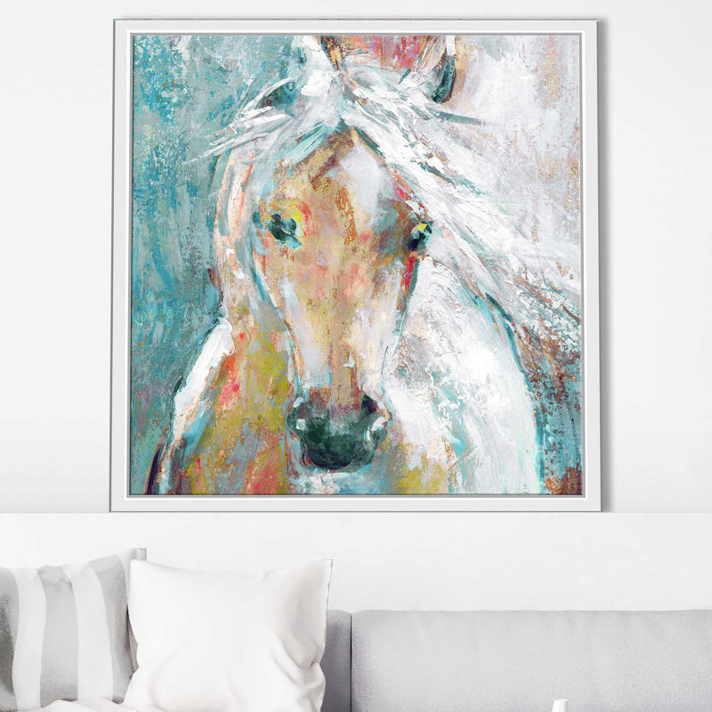 «Playful Pony» par Carol Robinson - Peinture, Cadre flottant blanc, H 21,5 po x l 21,5 po x P 2 po