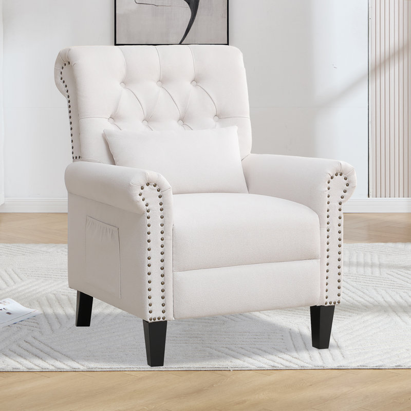 30" W Classic And Upholstered Soft Pushback Recliner With Rivets, Beige