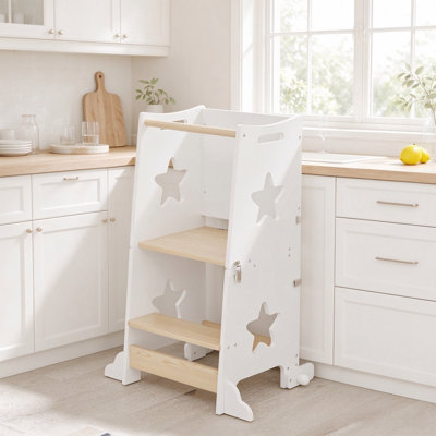 Toddler Learning Tower with Chalkboard, 3-in-1 Foldable Kids Step Stool, Convertible Wooden Kitchen Helper Tower & Activity Table for Toddlers 2-6 Years Old
