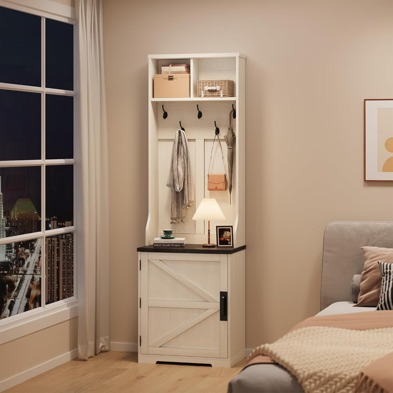 Arbre d'entrée autoportant avec rangement pour chaussures, 5 crochets et 2 casiers ouverts, portemanteau pour vestibule, vestibule, salon - blanc et brun foncé