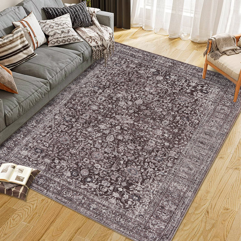 Area Rugs Vintage Floral Boho Area Rug - Soft Washable Low Pile Carpet - Non-Slip, Distressed Design for Living Room, Bedroom, Dining Room, Entryway