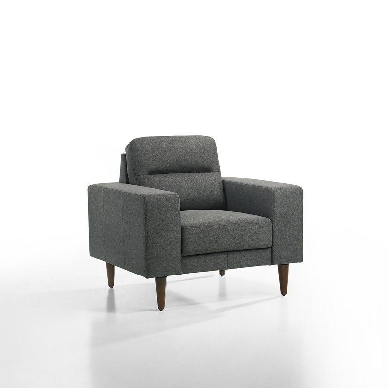 Fauteuil d'appoint Vile, tissu gris moelleux, pieds en bois massif fuselés classiques