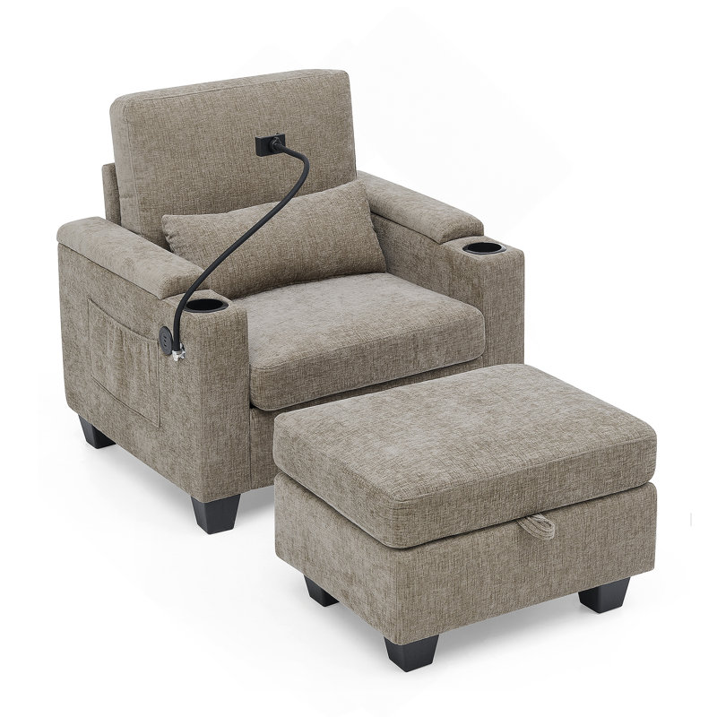 Single Sofa Recliner With Manually Adjustable Backrest, USB Charging Port On The Armrest Side, Phone Stand Included, Hidden Armrest Storage, And A Matching Storage Ottoman-Brown