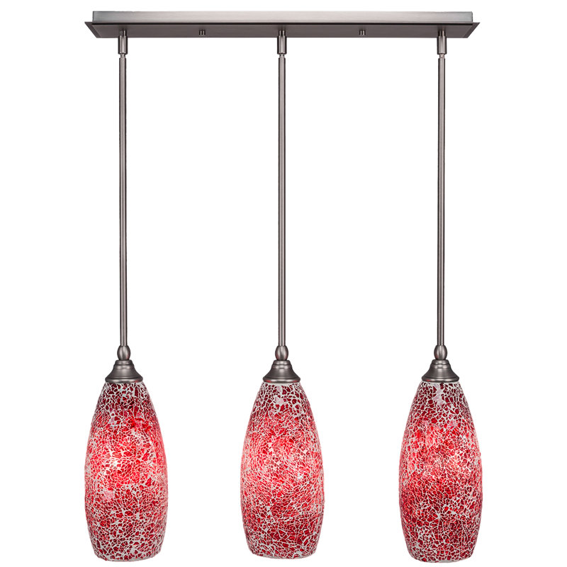 3 Light Stem Hung Linear Pendalier Shown With 5" Fusion Glass, 13.25" H x 25.25" W x 5.5" D, Red, Bronze