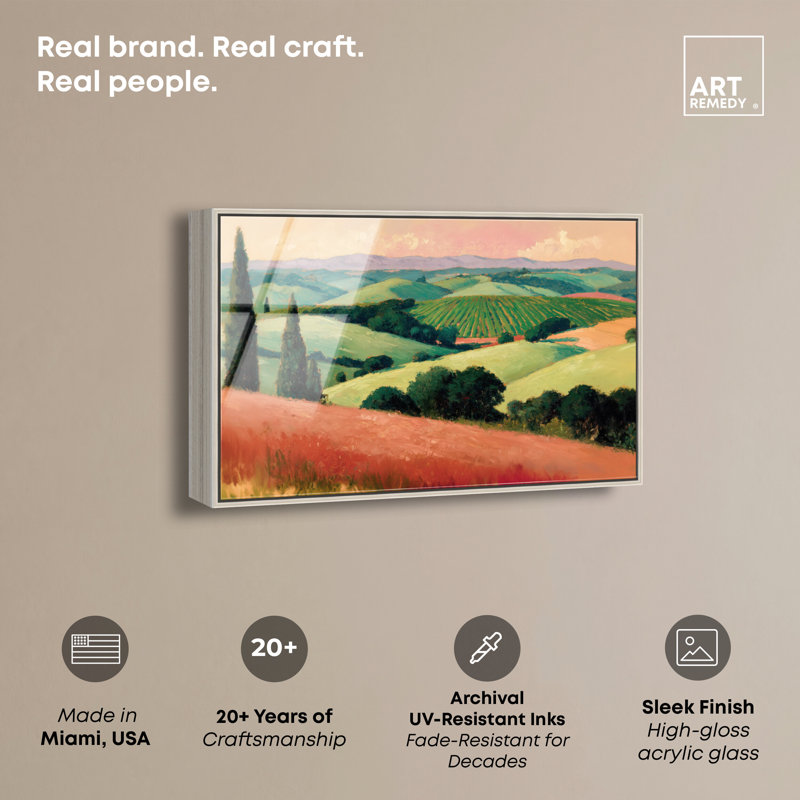 Couchers de soleil et vallée luxuriante, impression acrylique encadrée, art mural vintage par Art Remedy, cadre argenté, 30 x 20