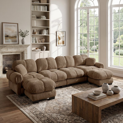 Oversized Modular Chenille Sofa Set with Pillows and 2 Ottomans, Taupe Beige