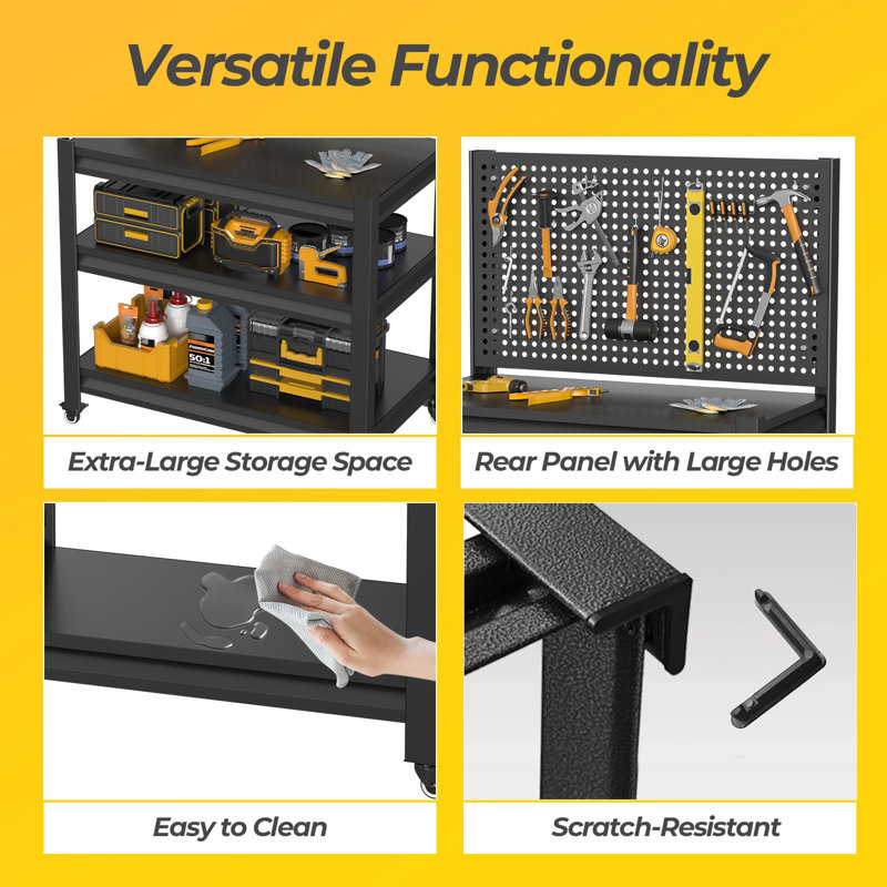 Établi roulant robuste avec panneau perforé, table de travail industrielle d'une capacité de 1 500 lb avec tablettes et roues réglables, chariot à outils d'atelier de garage, H 47,2 po x l 33,46 po x P 18 po