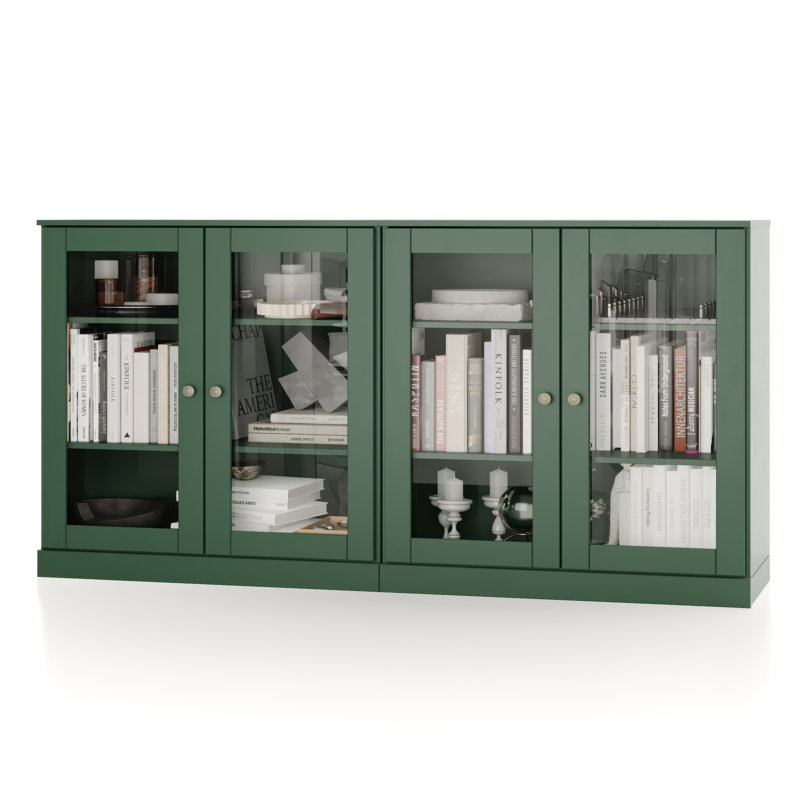100% Solid Wood 64" Sideboard with Frosted Glass Doors, 4-Drawers, Green
