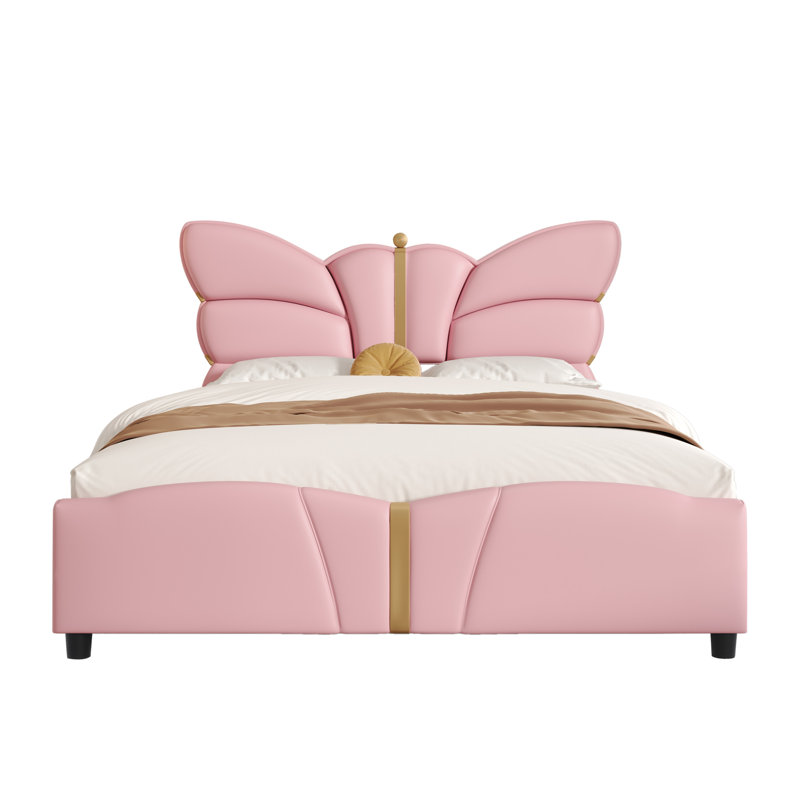 Structure de lit tapissier pour grand lit en similicuir, avec tête et pied de lit en forme de papillon, cadre de lit plateforme avec décorations en métal doré, aucun sommier nécessaire, rose clair