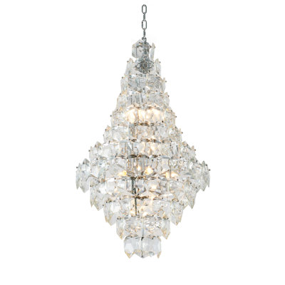 Lustre en acier inoxydable chromé à 15 lumières avec accents en cristal transparent