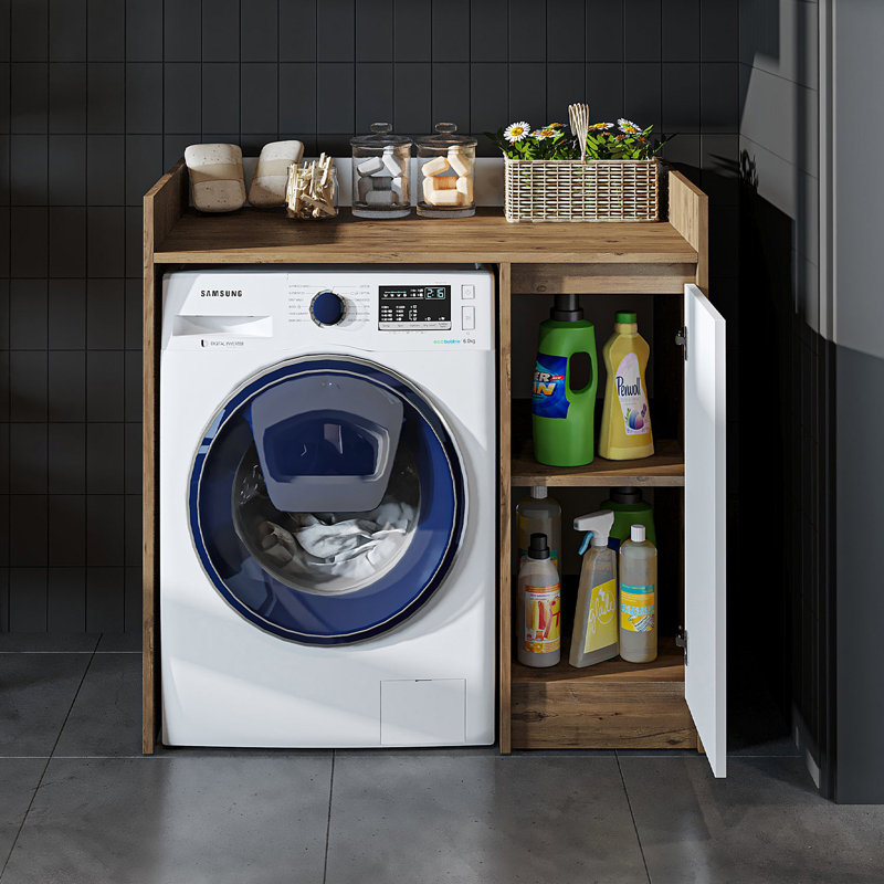 Derin Washing Machine Cabinet with Cupboard, 100 cm, White/Oak