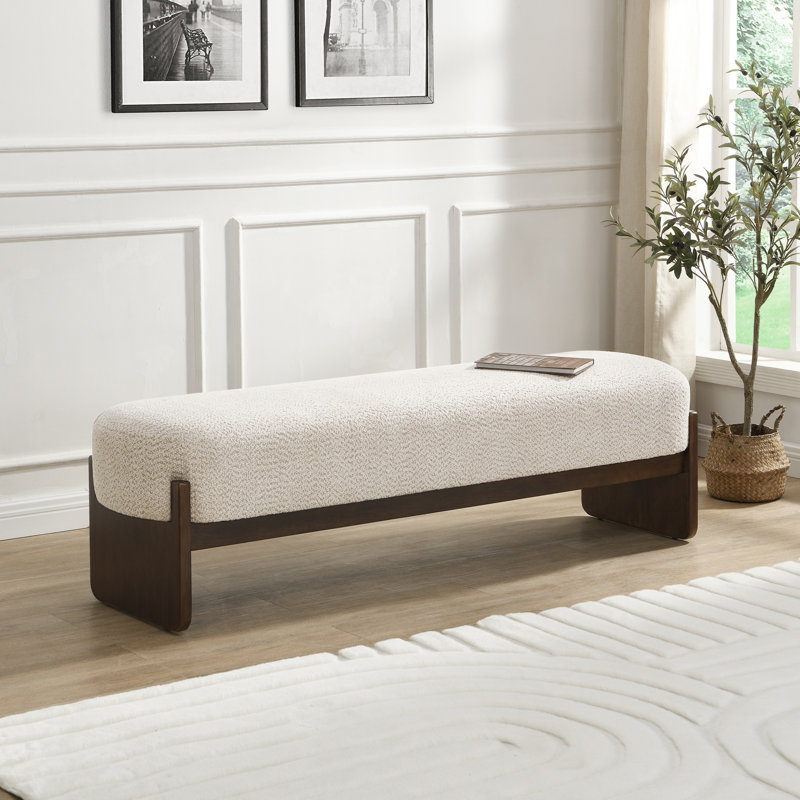 Repose-pieds 64,17 po de long rectangulaire en laine beige avec cadre en bois d'ingénierie robuste, pour le salon et la chambre à coucher