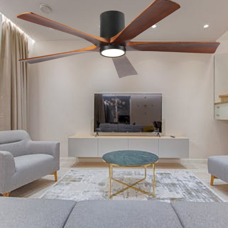 Ventilateur de plafond avec lumière, plafonnier encastré, 5 pales en bois massif, moteur CC réversible silencieux, application et télécommande, DEL à spectre complet à intensité variable, conception de plafond sans pente