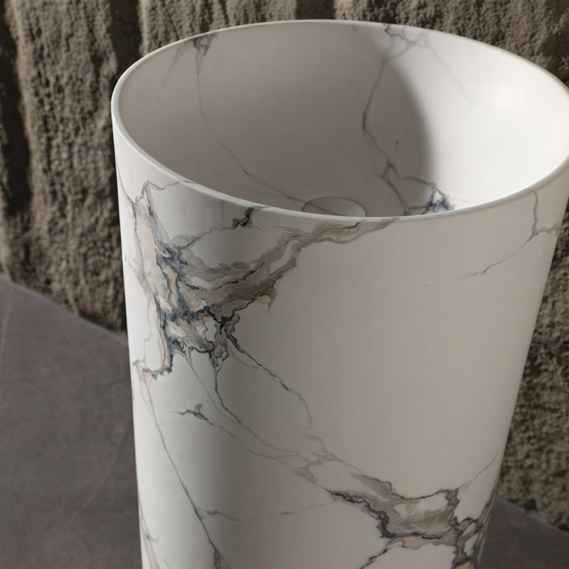 Lavabo sur pied de luxe Giving Tree, lavabo à surface solide autoportant pour salle de bain, Encre ronde