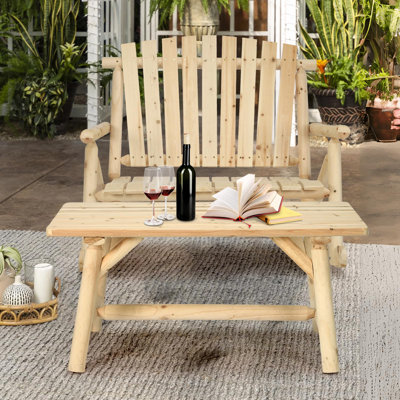 Outdoor Wood Rocking Bench Set, Patio Bistro Set-2 Person Rustic Adirondack Log Rocker With Side Table, Slatted Seat/High Backrest, Patio Rocking Furniture Set For Garden Backyard,