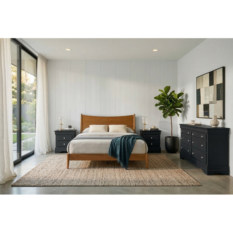 Barvelle Solid Wood 5 Piece Bedroom Set, Orange/Black, 5 Pcs: Bed, 2 Dressers, 2 Nightstands