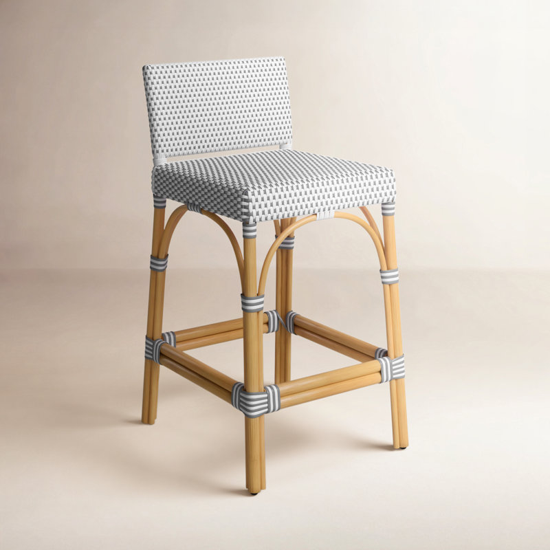 Estella 24.5 in. Seat Height Rattan Low Back Bar Stool, White-Gray Dot, White/Light Gray Dot, Counter Stool (24" Seat Heigh)t