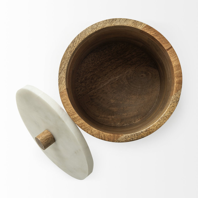 Brown Wooden Round Storage Box With White Lid 8 Inch Minimal Rustic Design