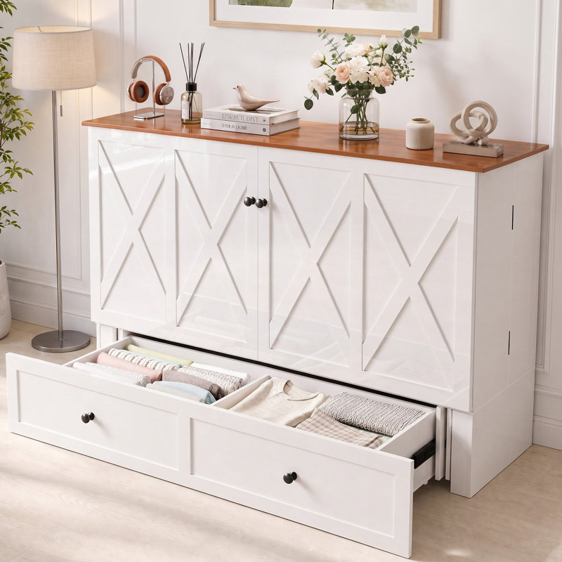 Queen Size Murphy Bed Cabinet with Charging Station & Drawers, White, Queen