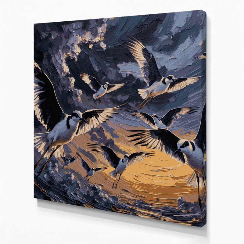 Oiseaux sur toile grise, H 12 po x l 12 po