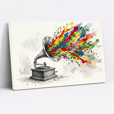 Vintage Gramophone Bursting Colorful Paint Splatter Canvas Wall Art