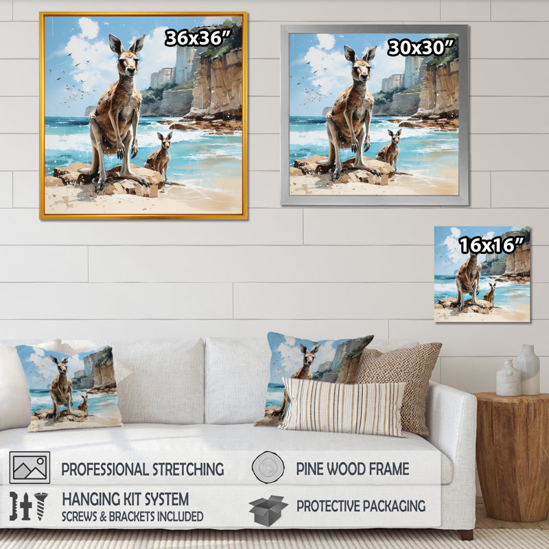 Famille de kangourous sur la côte australienne - décoration murale kangourou, Cadre flottant blanc