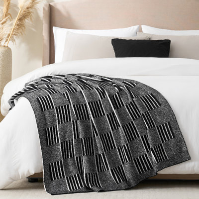 Reversible Checkered Striped Throw Blanket, Fluffy Faux Fur Blend Blankets For Couch Or Bed