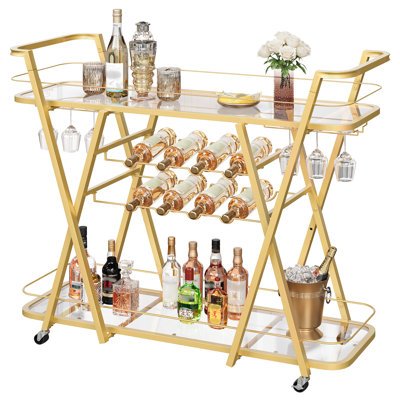 46.3" W 2-Tier Gold Metal Bar Cart with Wine Rack and Glass Holder,  Kitchen Cart With 2 Wine Racks And 2 Glass Holders
