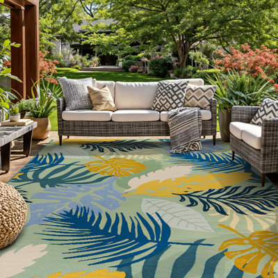 Coastal Tropical Leaf Indoor/Outdoor Patio Area Rug, Blue And Yellow Botanical Design