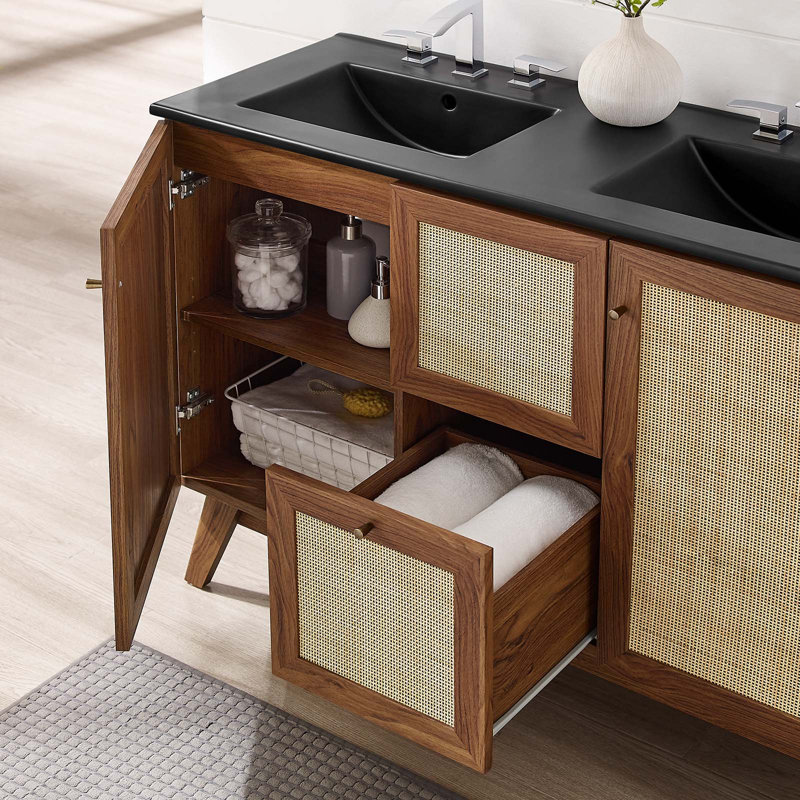 Modway Soma 48'' Free Standing Double Bathroom Vanity with Manufactured Wood Top, Walnut, Black