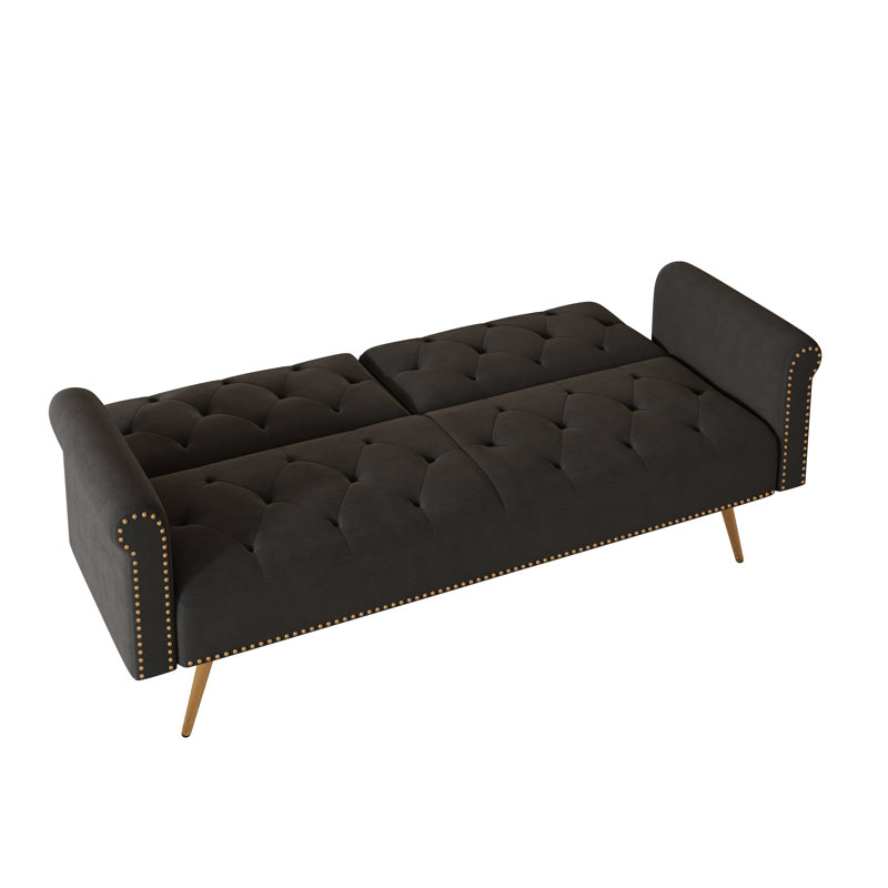 Canapé-lit en velours noir de 177 cm (69,7 pouces) avec garniture cloutée, coussin décoratif assorti et pieds en métal doré.